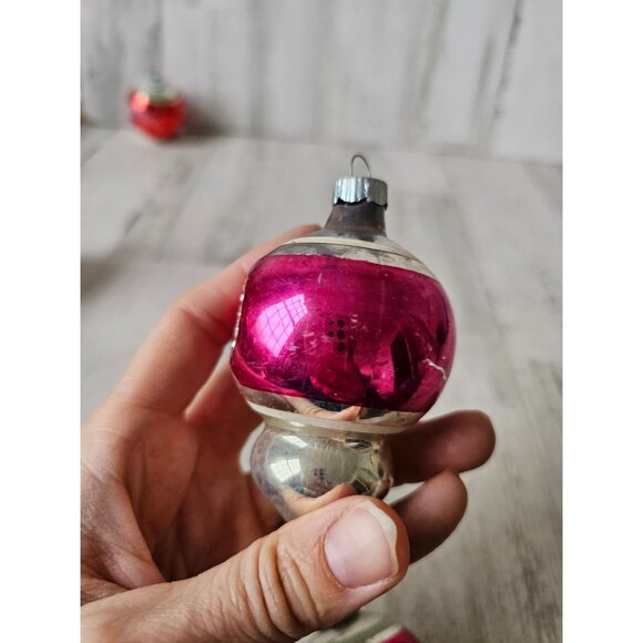 Vintage radko indent double teardrop pink striped ornament mercury glass Xmas tr - Picture 3 of 14